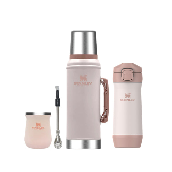 Combo de Termo Nueva Generacion + Mate y Yerbera Rosa + Bombilla Común Negra